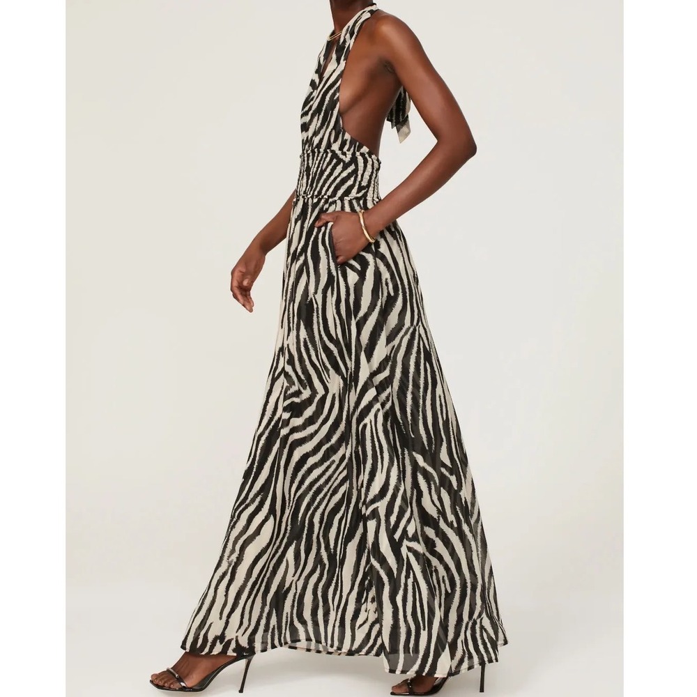 Toccin x RTR Zebra Print Halter Maxi Dress Smocked Waist Black White Small e5